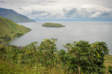 Beautiful panoramic landscapes of Lake Toba and coffee plantations in North Sumatra, Indonesia