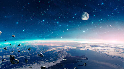 Wall Mural - Space scene. Colorful nebula with earth planet, moon and asteroids. Elements furnished by NASA. 3D rendering