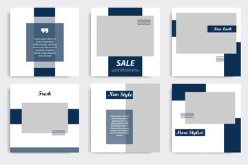 Wall Mural - Editable square Memphis geometric banner template. Minimalist design background in dark blue indigo color. Vector illustration. Suitable for social media post and cover, web internet brochure.