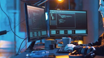Poster - cybercrime, hacking and technology concept - female hacker in dark room creating code or using computer virus program for cyber attack
