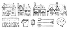 Old Europe Coutryside Houses, Plants And  Garden Tools. Vector Sketch Outline Hand Drawn Illustration