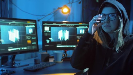 Poster - cybercrime, hacking and technology concept - female hacker in dark room creating code or using computer virus program for cyber attack