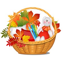 Wicker Basket With Autumn Leaves, Crayons, A Pillow And A Stuffed Rabbit Isolated On White Background. Vector Cartoon Close-up Illustration.