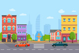 Fototapeta  - City street panoramic. City life set buildings, cars and fountain . Vector flat style illustration.