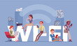 © andrew_rybalko - Wi fi giant letters and people. Group of happy diverse men enjoy free area for computers, smartphones, devices connection to the Internet, communicate with one another wirelessly. Vector illustration