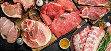 Raw Meat. Different Kinds Of Pork And Beef Meat.
