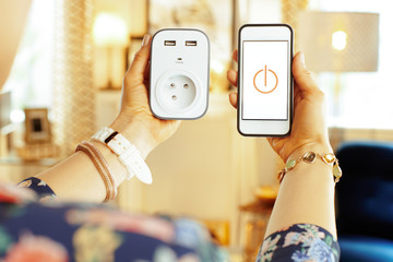 Closeup on smartphone with smart home app and plug in hand