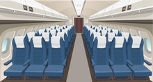 Airplane interior design. Passenger airplane seats, portholes and lights. Aircraft salon indoor interior. Airplane vector interior illustration