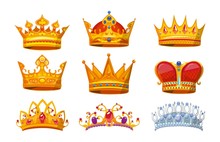 Set Of Colorful Crowns In Cartoon Style. Royal Crowns From Gold For King, Queen And Princess.Crown Awards Collection For Winners In Game. Royal Crown Vector Set Isolated On White Background