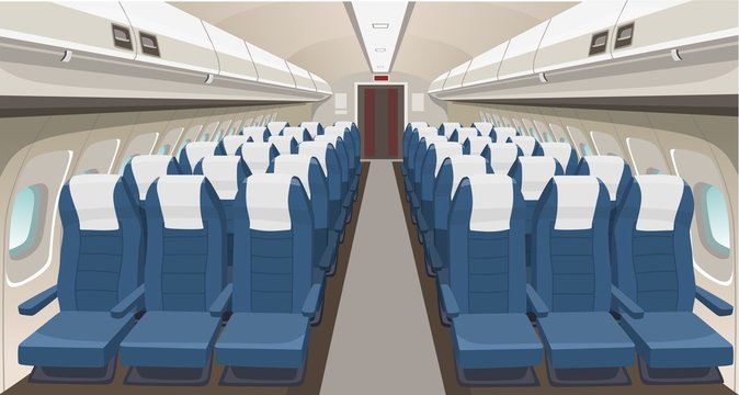 Wall Mural - Airplane interior design. Passenger airplane seats, portholes and lights. Aircraft salon indoor interior. Airplane vector interior illustration