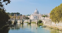 Rome, Italy. Papal Basilica Of St. Peter In Vatican. Boat Floating Near Aelian Bridge