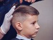 Side view of cute boy getting hairstyle by hairdresser in barbershop.