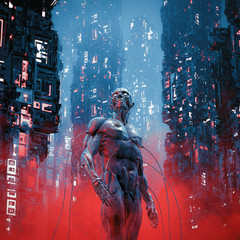 Wall Mural - legacy of carbon / 3d illustration of science fiction male humanoid cyborg lost in futuristic neon l