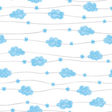 Hand Drawn Seamless Pattern With Blue Clouds. Baby Print.