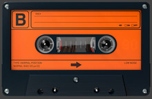 3d Illustration Of An Orange And Black Audio Cassette With Sticker And Label