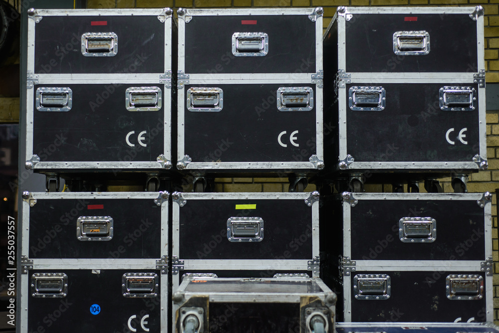 Stage equipment behind the scenes. Concert activity. Cases for ...