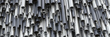Close-up Set Of Different Diameters Metal Round Tubes And Kernels. Industrial 3d Illustration