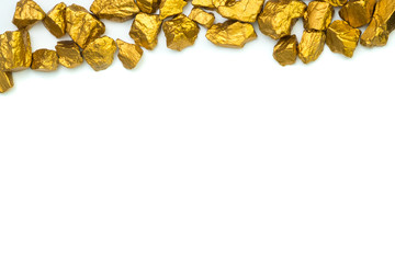 A pile of gold nuggets or gold ore on white background, precious stone or lump of golden stone, financial and business concept.