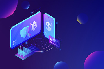Poster - online cryptocurrency exchange platform service concept. markets and trading digital currency techno