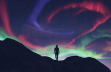 Man Walking To The Southern Lights,3d Rendering