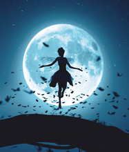 3d Rendering Of A Fairy Flying In A Magical Night Surrounded By Flock Butterflies In Moonlight