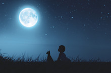 Girl With Her Dog Sitting On Grass Field Looking To The Moon,3d Rendering