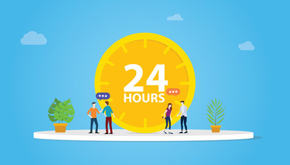 Poster - 24 hours support service concept with clock and people team - vector illustration