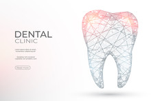 Tooth Polygonal Genetic Engineering Abstract Background. The Isolated Concept Of  Dental And Orthodontics Consists Of Low Poly Wireframe, Geometry Triangle, Lines, Dots, Polygons, Shapes.