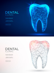 Wall Mural - Tooth polygonal genetic engineering abstract background. The isolated concept of  dental and orthodontics consists of low poly wireframe, geometry triangle, lines, dots, polygons, shapes.