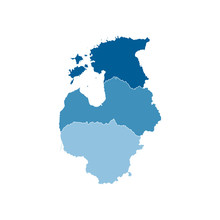 Vector Illustration With Simplified Map Of European Baltic States (Estonia, Lithuania, Latvia). Blue Silhouettes, White Outline And Background