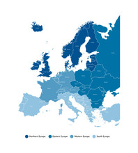 Vector Illustration With Simplified Map Of All European States (countries). Blue Silhouettes, White Outline And Background