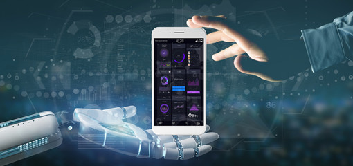 Poster - Cyborg hand holding Smartphone with user interface data on the screen isolated on a background