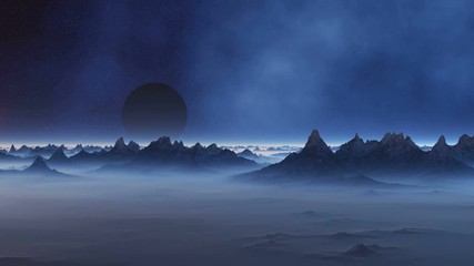 Wall Mural - Moon - Spaceship Is Coming. Blue haze above desert landscape; thick white fog in lowlands. Dark rocks with snowy peaks. On a dark starry sky approaching planet in multi-colored lights. 