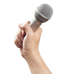 Wall Mural - Male hand holding a microphone, isolated on white background