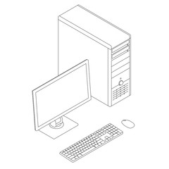 Poster - Outline of the computer with a monitor, keyboard and mouse. Isometric view. Vector illustration