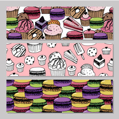 Bakery shop or pastry patisserie banners and posters templates set. Vector dessert cakes and pastry cupcakes, chocolate biscuits or brownie and tiramisu, fruit pies and puddings or ice cream for cafe