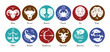 Set of zodiac signs icons. Aries, leo, gemini, taurus, scorpio, aquarius, pisces, sagittarius, libra, virgo, capricorn and cancer. Vector illustration in cartoon simple style. 
