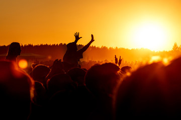 Wall Mural - Girl cheering at outdoor music, rock festival