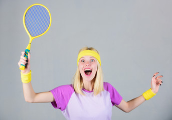 Active leisure and hobby. Girl fit slim blonde play tennis. Active lifestyle. Woman hold tennis racket in hand. Tennis club concept. Sport for maintaining health. Tennis sport and entertainment