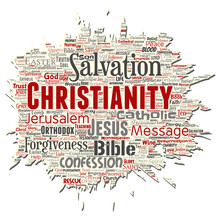 Vector Conceptual Christianity, Jesus, Bible, Testament Old Torn Paper  Word Cloud Isolated Background. Collage Of Teachings, Salvation Resurrection, Heaven, Confession, Forgiveness, Love Concept