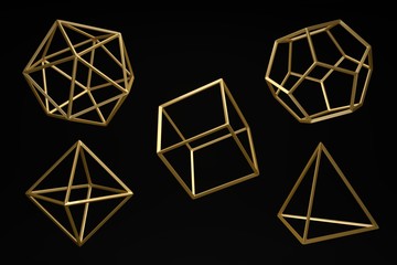 Poster - Golden Platonic solids on a dark black background. Abstract photorealistic 3d , Minimalist design for poster, cover, branding, banner, placard..