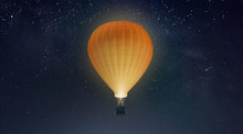 Blank White Balloon With Hot Air Mockup, Night Sky Background, 3d Rendering. Empty Adventure Airship On Star Heaven Mock Up. Clear Large Transport For Tourism Or Sport Template.