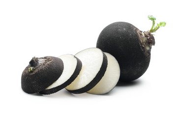 Wall Mural - Black radish with slices isolated on white background