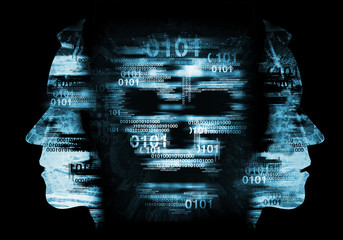  Hacker,Computer virus skull concept.  Illustration of Abstract Skull sign with binary codes on blue background and two stylized male heads. Concept for online piracy, hacking.