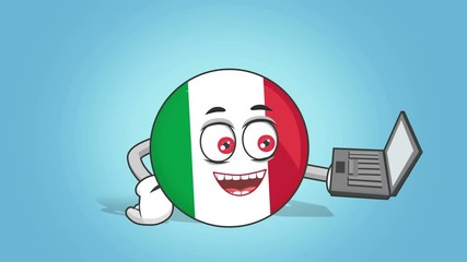 Cartoon Icon Flag Italy Work On Laptop with Face Animation with Alpha Matte