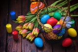 Fototapeta Tulipany - Easter background with tulips and painted eggs 
