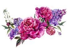 Fuchsia Peonies And Lilac Watercolor Decoration
