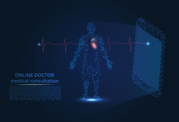 Poster - Online Doctor. An abstract image of man and heart. Innovative Technologies in Medetzin. Heart beats, pulse, healthy heart.