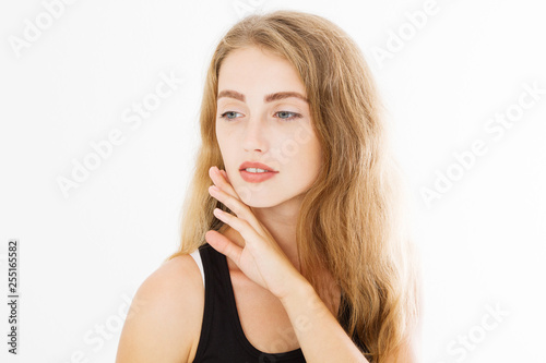 Blonde Girl With Long And Shiny Wavy Hair Style Isolated On White