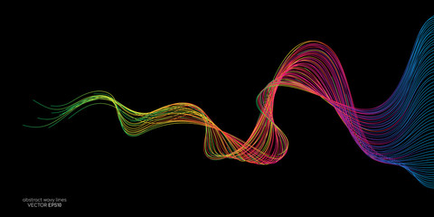 Aufkleber - Abstract vector colorful wave lines flowing isolated on black background.